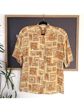 Beige Silk Nautical Print Button Up Shirt Womens Size 12 Vintage Paul Stanley